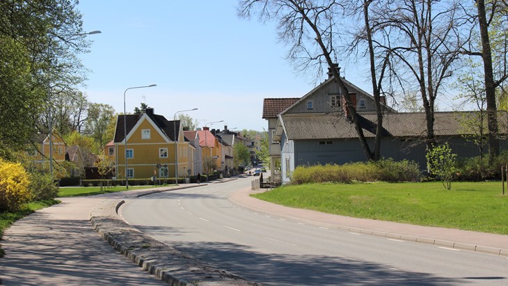 En gata med blommande buskar och färgglada hus fotad en solig vårdag.